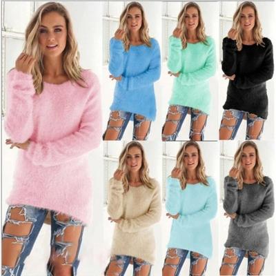 Suéter de Tricô Quente de Algodão Feminino Gola Redonda Pulôver Solto Suéter Longo Blusa Casual Oversize Roupas Hipster Femininas