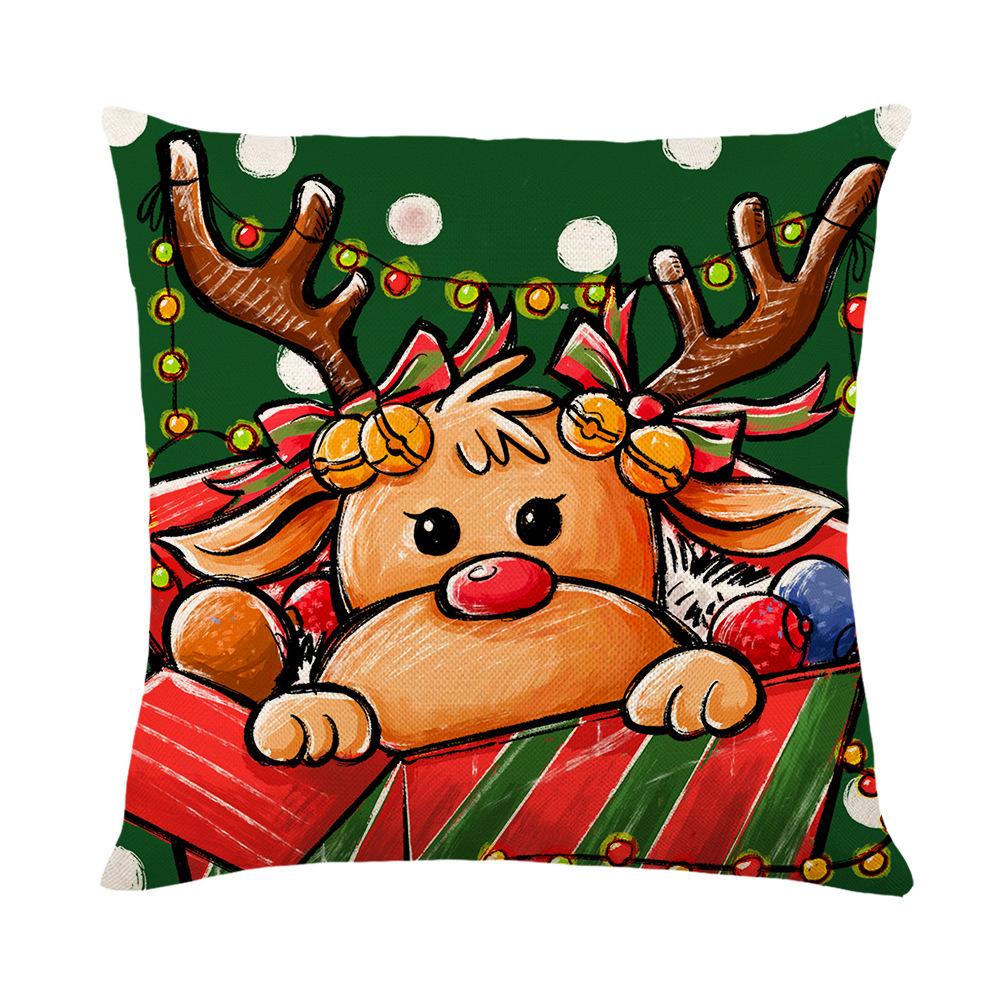 Christmas Pillow Cover Linen Hand-painted Home Santa Claus Elk Pillow Cover Sofa Cushion Cover