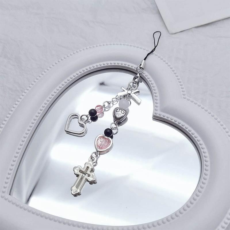 Beaded Wrist Strap Cross Pendant Keyring Hollow Heart Bead Wrist Strap Y2k