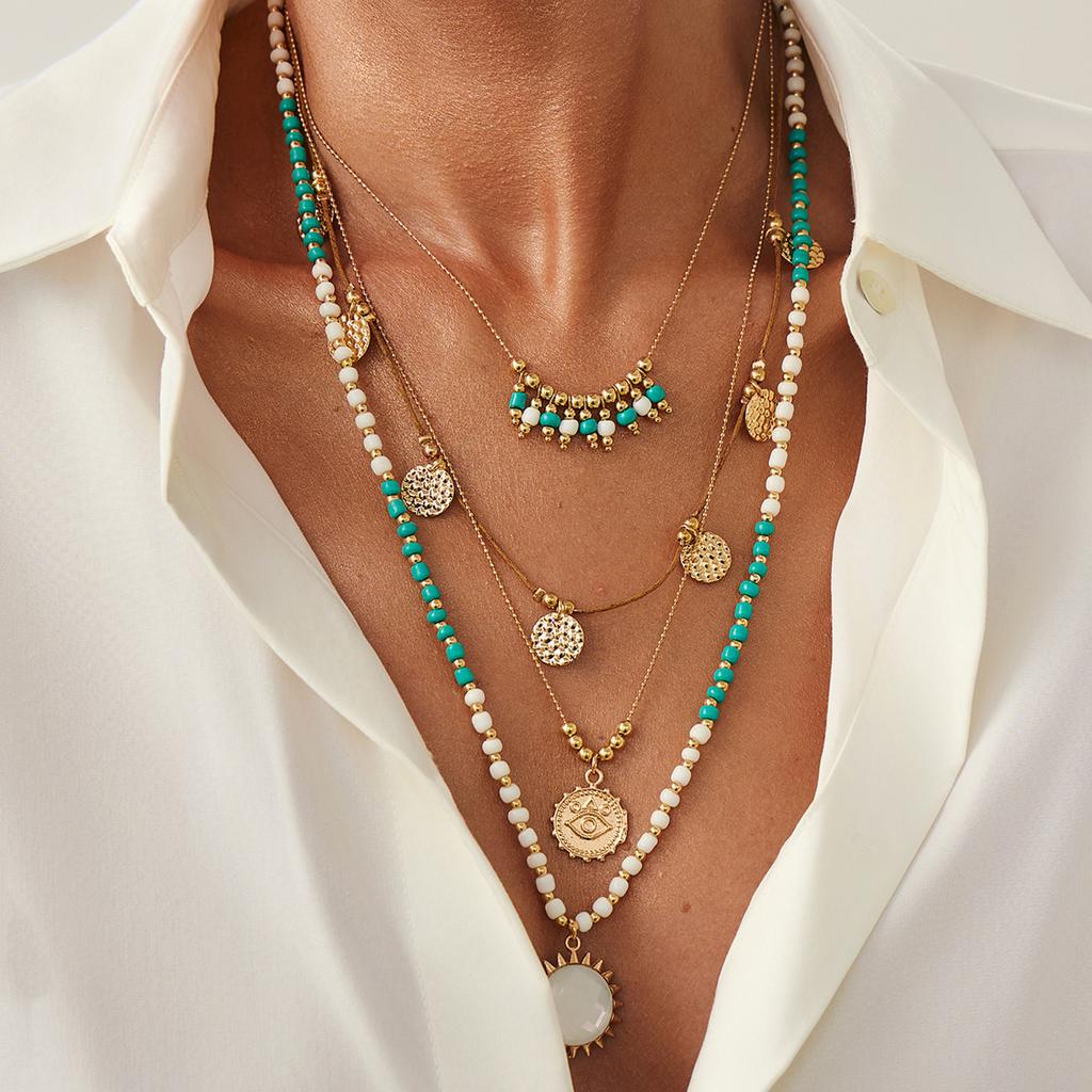 Ethnic Style Metal Sun Pendant Necklace, Bohemian Gravel Rice Beads Beaded Collarbone Necklace