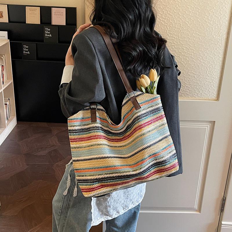 Women's Color Block Rainbow Tote Bag - Summer 2026, Large Capacity Woven Shoulder Bag