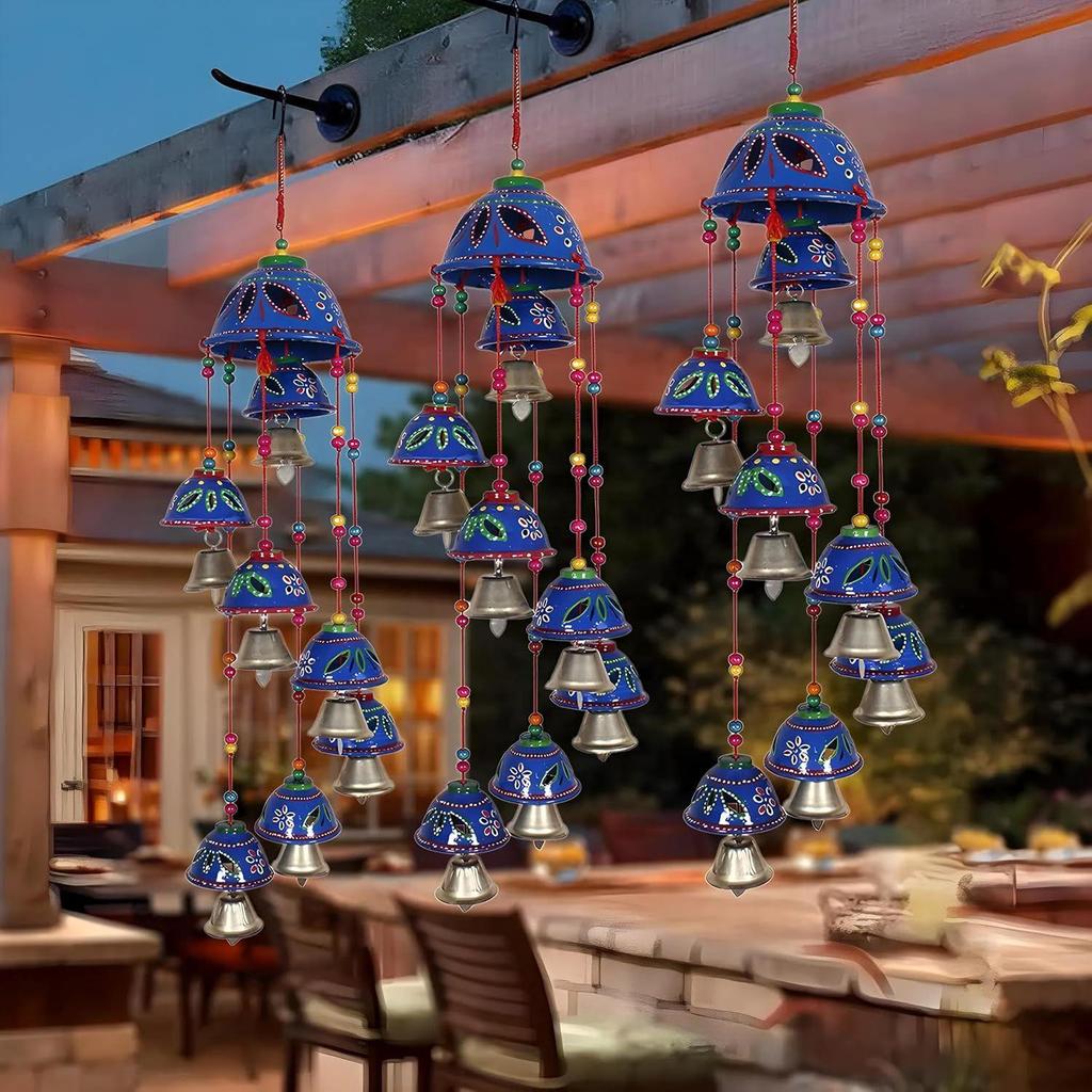 Rajasthani Design Handcrafted Hanging Windchimes|Latkan with 8 Bells for Home Decor & Positive Energy,Pack of 2 (Blue), Plastic