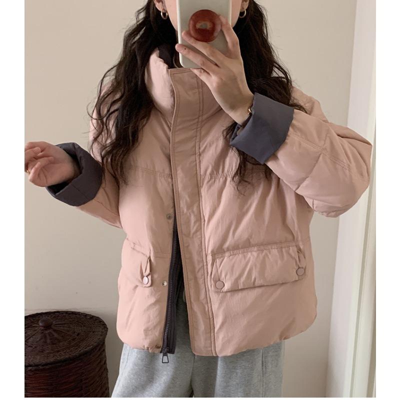 Real Shot Korean Version New Color Matching Down Cotton Suit for Women's Short Fashionable Loose Stand-collar Bread Suit with Thick Coat