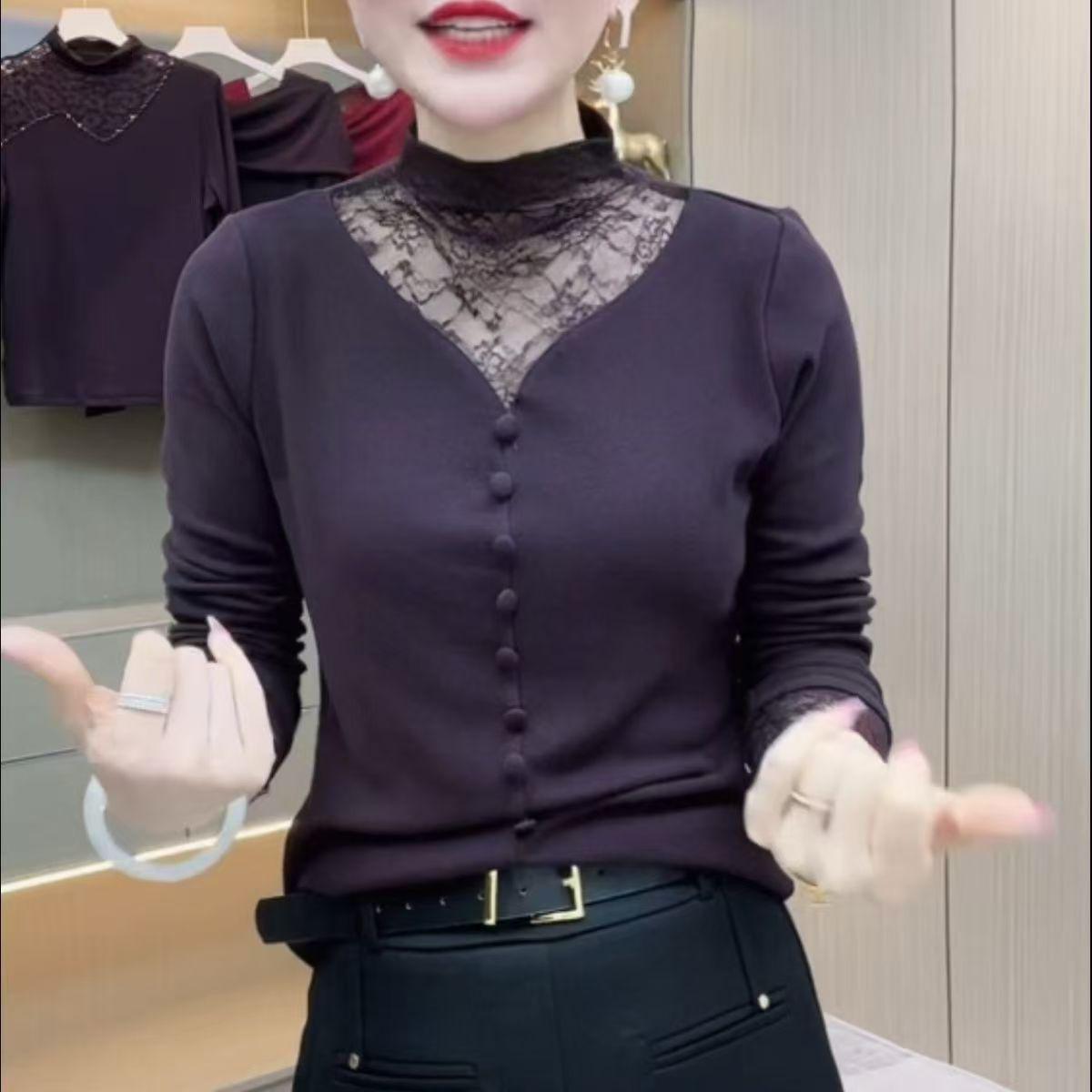 Stylish Lace Mesh Spliced High Neck Long Sleeve Tummy Concealing Top for Women 2XL