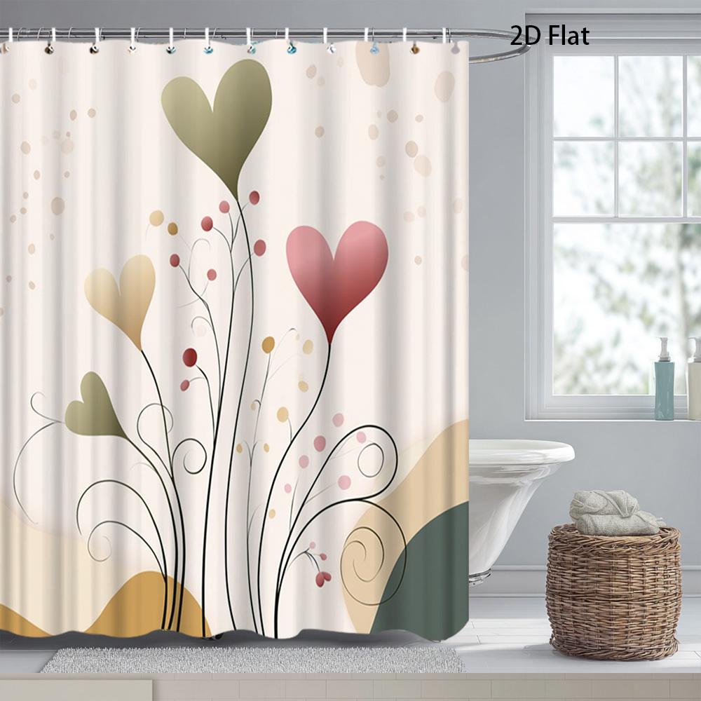 

Modern Heart Floral Shower Curtain Artistic Design Beige Pink Green Polyester Bath Curtain With Hooks For Elegant Bathroom Deco W60H190(CM)-1 Pcs