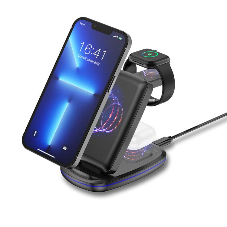 

Three-in-One Wireless Charger & Folding Stand for Apple & Samsung Phones and Watches Qi Phone/TWS Earbuds/For Apple Watch білий