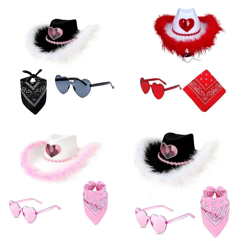 3Pcs Western Outfits Cowgirl Hat Bandana Western Cowboy Costume Accessories for Halloween Party Dressing Up Pretend Play