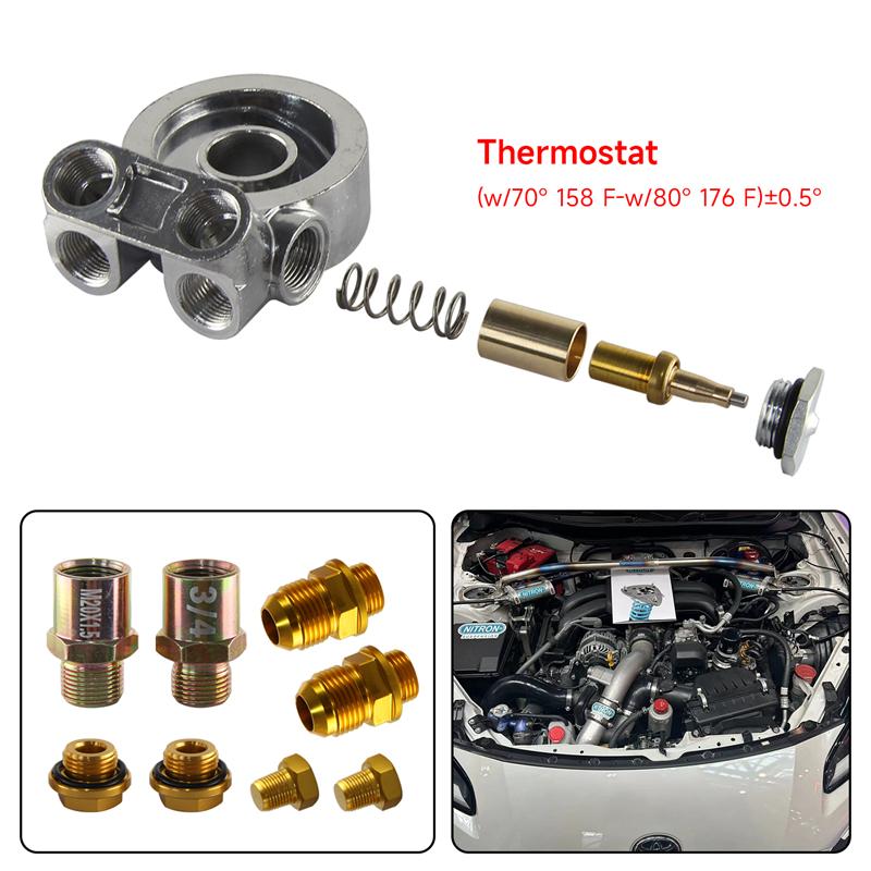 AN10 Ölfilter Universeller Kühler Sandwichplatte Blockadapter Thermostat 3/4" -16UNF & M20*1.5 Und 1/8"NPT Aluminium Silber