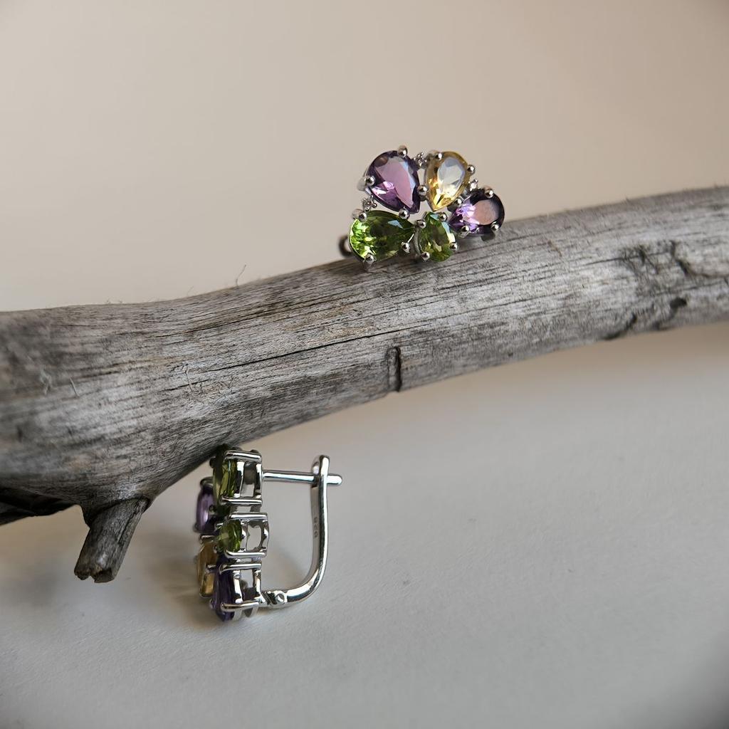 Серебряные серьги с натуральным аметистом, хризолітом, цитрином (2183327)