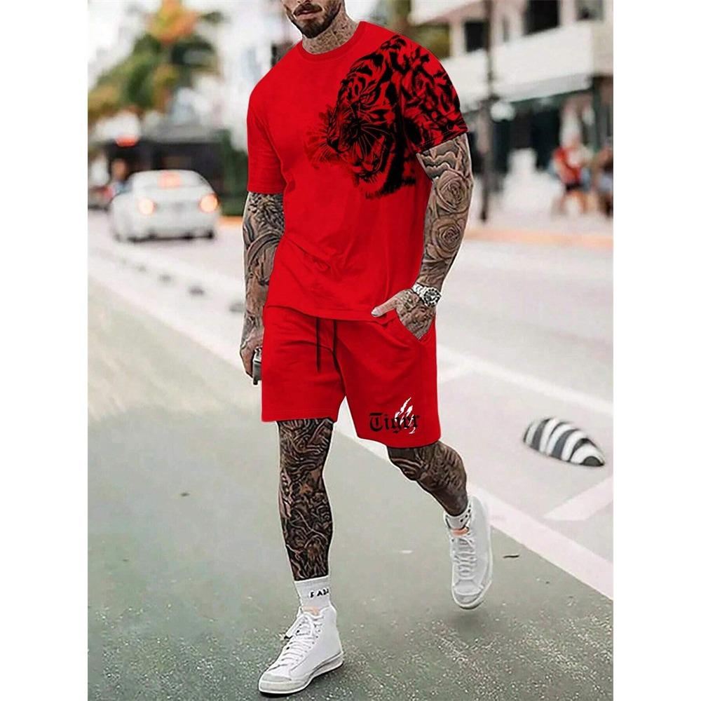 2024 New Crew Neck Short Sleeve T-shirt Fashion Shorts Set 3D Lion Print Short Sleeve Shorts 2-piece Men's Summer Sports Set