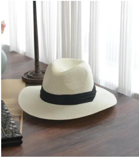 XL Grote Hoofd 63CM Zomer Strand Geweven Zon Hoeden Mannen Vrouwen Grote Maten Jazz UV UPF 50+ Zon Bescherming Reizen Panaman Stro Hoeden Unisex L58-60cm melkwitte kleur