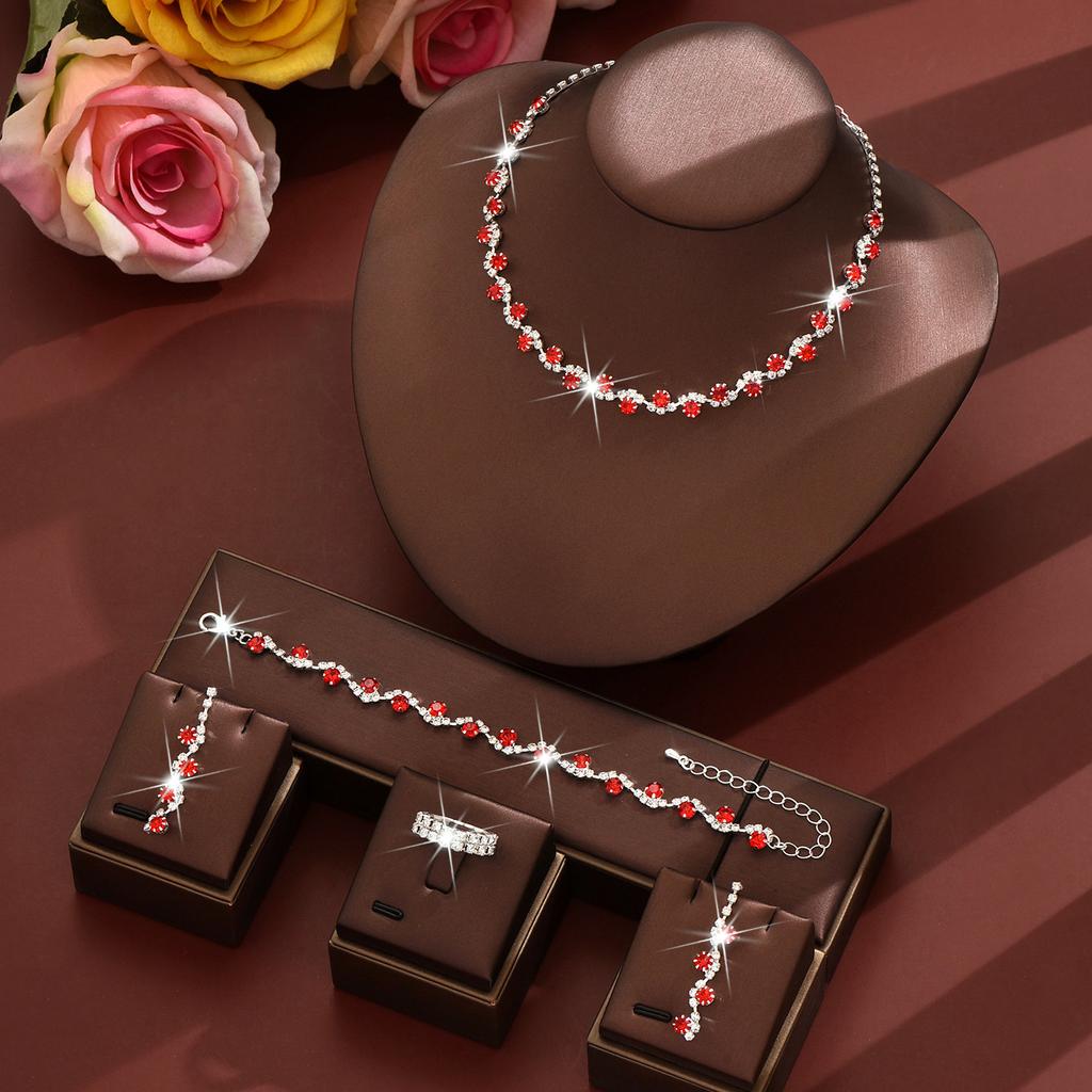 Silver Diamond Necklace Earrings Bracelet Three-piece Set