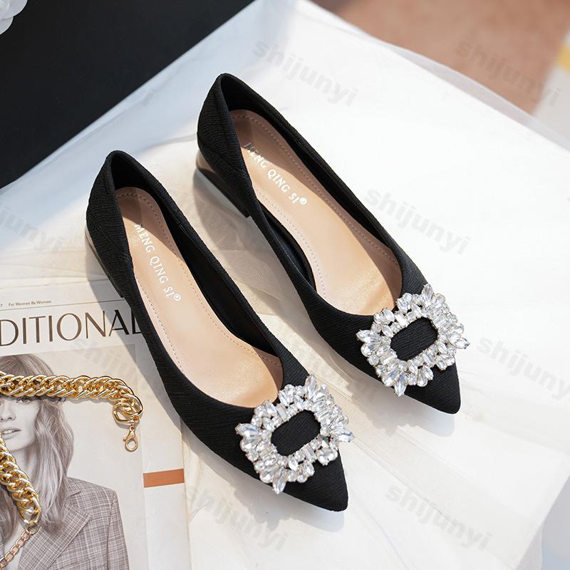 Women Ballerinas Flats 2026 Autumn Rhinestone Pointed Toe Shallow Mouth Comfortable Elegant Low Heel Soft Sole Single Shoes