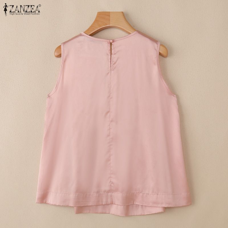 ZANZEA Womens Elegant Satin Tank Top Sleeveless O Neck Casual Pleated Blouse