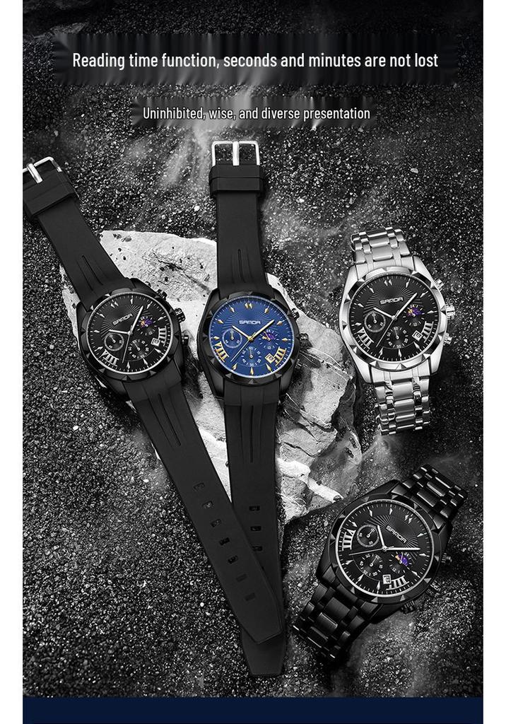 Sanda Men's Waterproof Business Watch - Steel Band, Luminous, with Small Seconds and Simple Calendar.