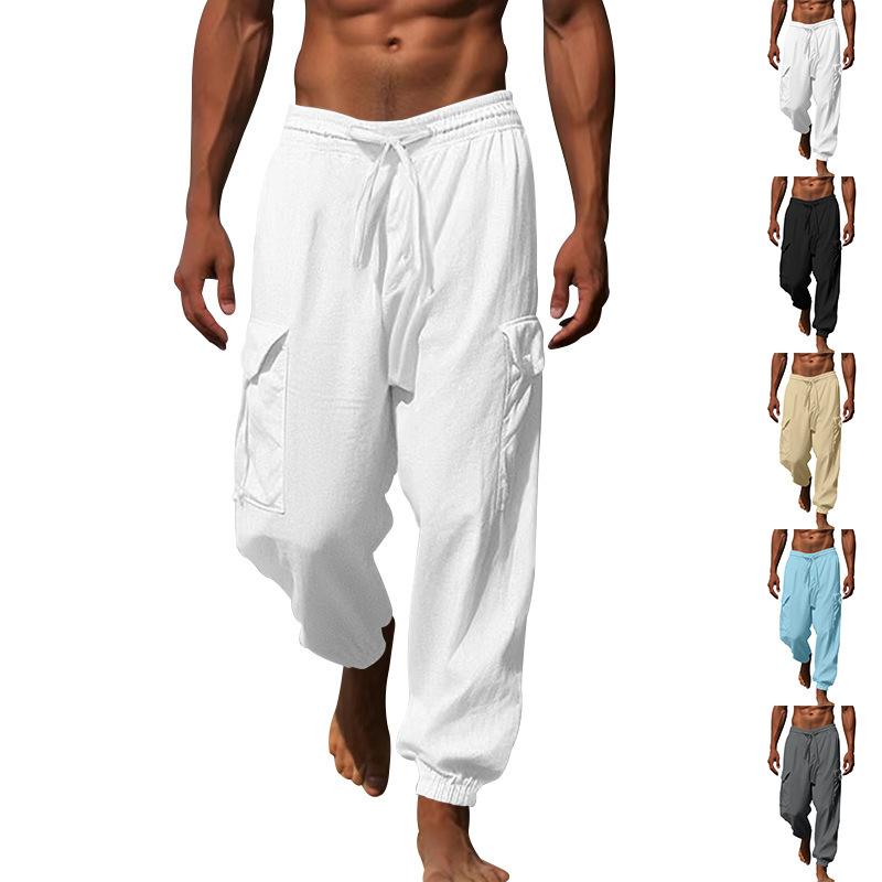 Modne Męskie Spodnie Casualowe z Bawełny i Lnu ze Sznurkiem, Wielokieszeniowe, Tie-Dye, Jednokolorowe, Luźne, Duży Rozmiar, Spodnie Robocze Mężczyzna
