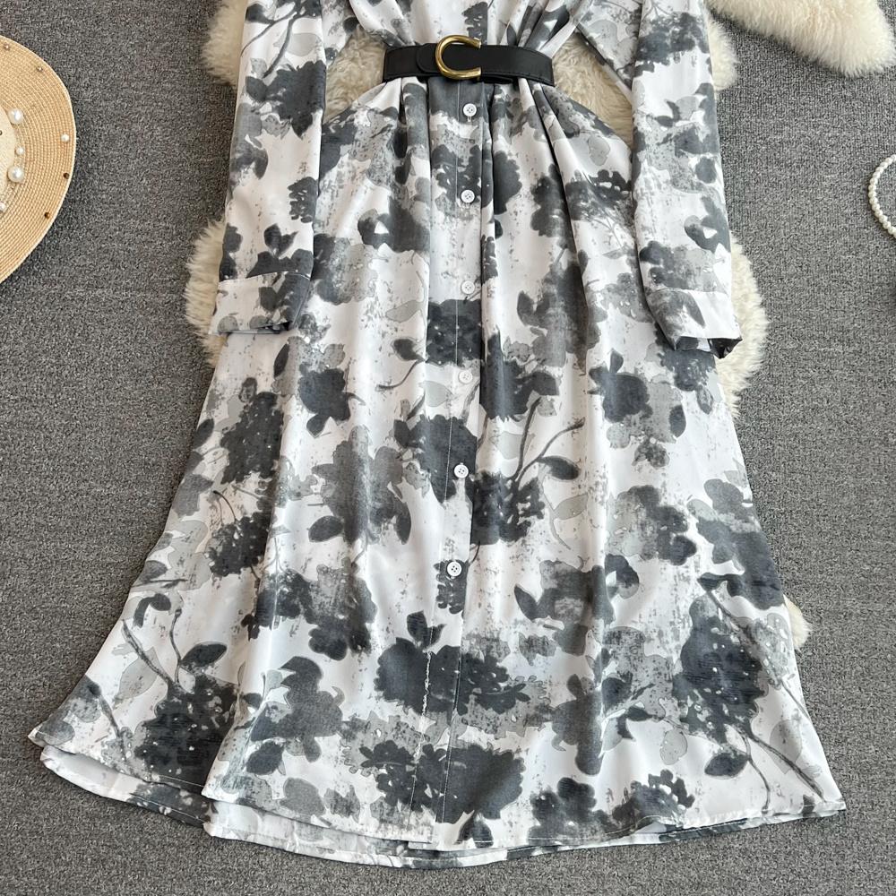 Nowa jesienna moda damska sukienka z kwiatowym nadrukiem skręcić w dół kołnierz z długim rękawem jednorzędowa linia w stylu vintage Midi sukienki imprezowe