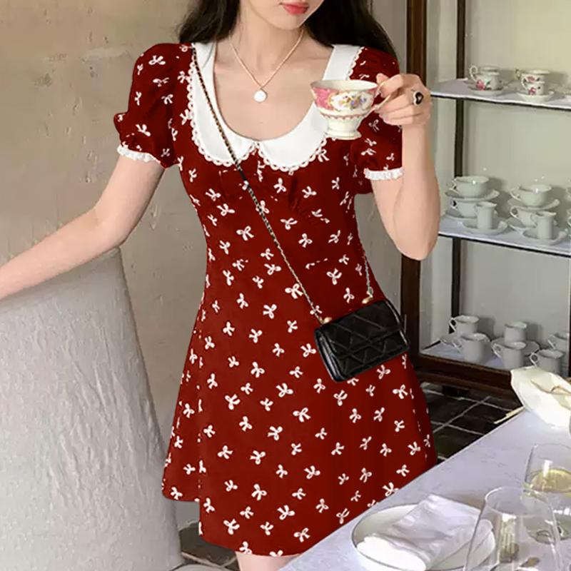 

VONDA Summer Women Doll Collar Short Sleeve Floral Print Lace Hem Casual Tunic Dress 4XL красный