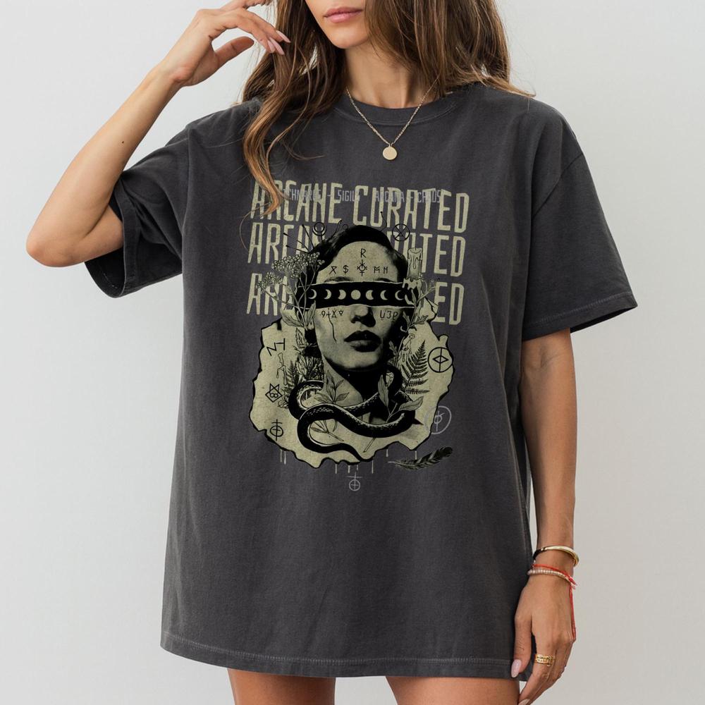 

Witchthemed Tshirt with dark preppy style moon phase pattern and witch symbols Unisex pure cotton streetwear S