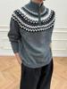Pánský pletený svetr Fair Isle s jacquardovým vzorem, poloviční zip, podzim/zima, vysoký límec, retro styl, ideální pro páry