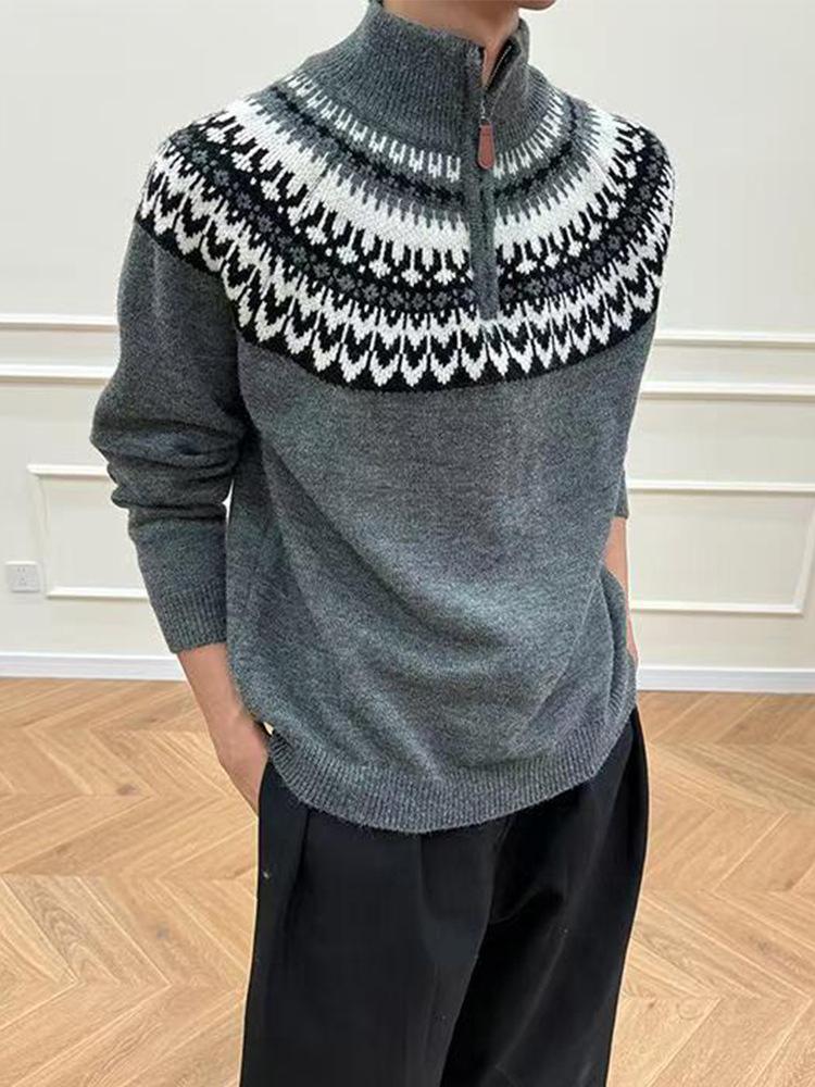 Pánský pletený svetr Fair Isle s jacquardovým vzorem, poloviční zip, podzim/zima, vysoký límec, retro styl, ideální pro páry