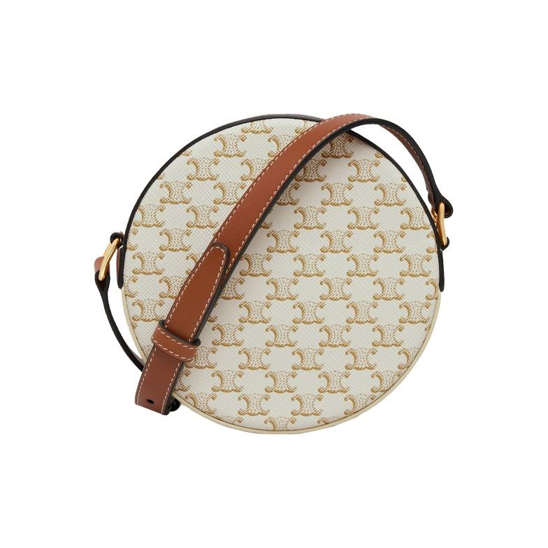 Celine Triomphe Classic Monogram Print Zipper Closure Canvas And Lambskin Round Bag Women Shoulder Bag White 10G342CAM-01TA