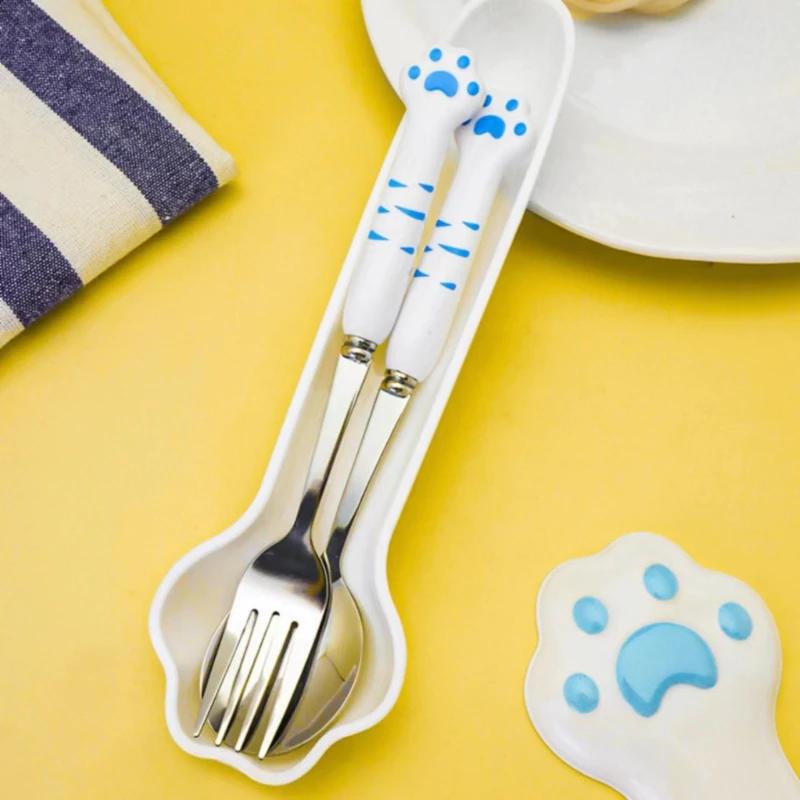 Cartoon Cute Cat Claw Portable 402 Stainless Steel Spoon Fork Tableware Set Thickened Sturdy Durable Anti Slip for Home Use