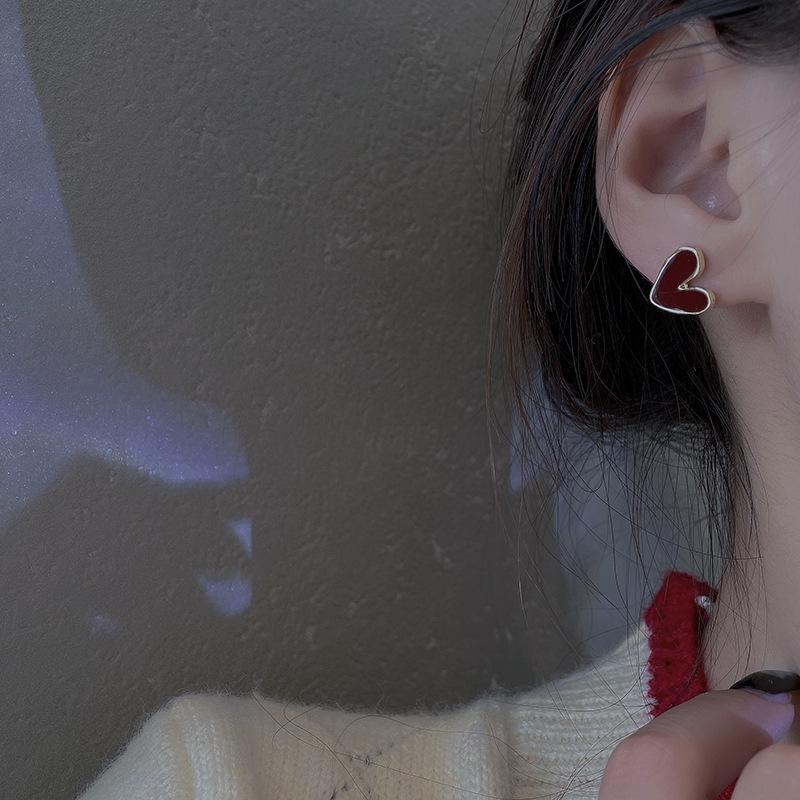 Korean 925 Silver Needle Burgundy Heart Stud Earrings Women's Irregular Small Oil Drop Earrings Ears