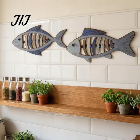 Ocean Theme Wood Art 2Pcs Mediterranean Style Wooden Fish Wall Hanging, Hollow Skeleton Summer Beach Party Decor Decor, Vintage Nautical Ornament for