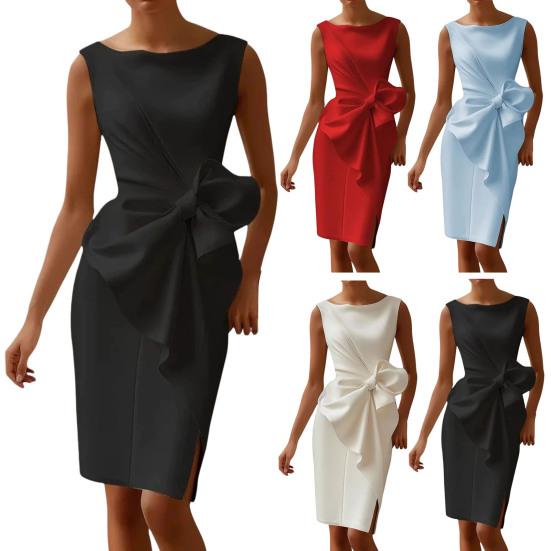 Women Sleeveless Bodycon Dress Ruched Bow Tie Side Slit Midi Dress Lady Formal Cocktail Party Work Dress