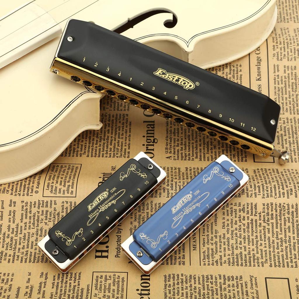 East Top Blues Harmonica In D 20 Brass Canvas and Cleaning Perfect for and Diatonic Harmonica 10-Hole Key, Tones, Cover, Case, Cloth, Beginners,