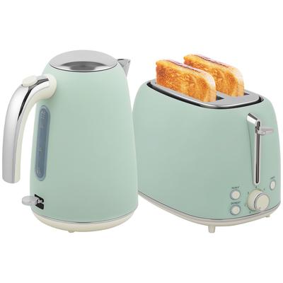 Kettle and Toaster Set, Stainless Steel Kettle 1.7 L and 2200 W and 2-slice Toaster, Green