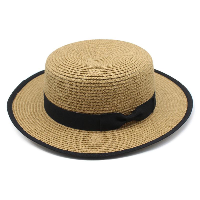 Summer Straw Hat Women'S Straw Bow Black Hemming Flat Top Sunscreen Beach Hat Casual Fashion Hat