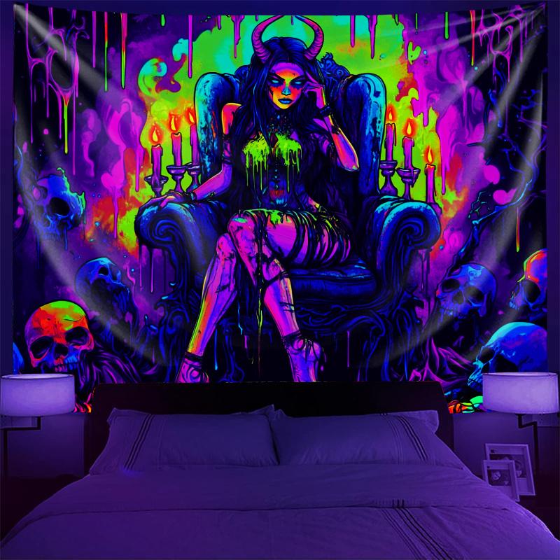 Cyberpunk Skull Candle Tapestry, Neon Goth Girl Wall Hanging for Bedroom Dorm E-sports Room Decor 100X70CM