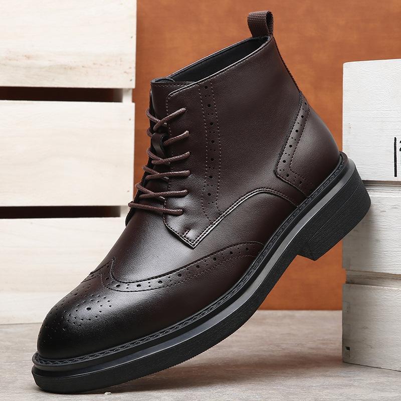 FashionCow Leather High-soled Brock High-top Boots for Men Autumn Winter Fleece Warm Ankle Boots Male Fashion Casual Platform Shoes Man
