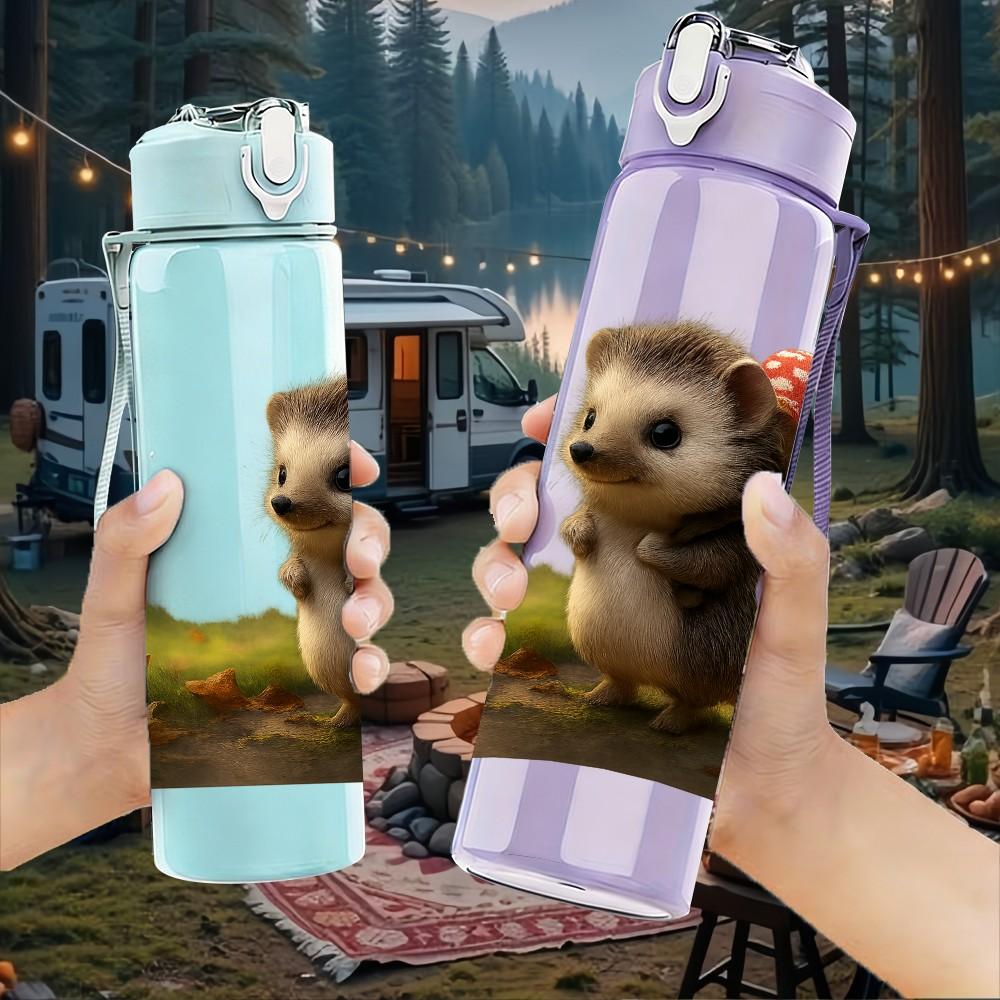 1PC Hedgehog Grass Field Animal Print 750ml Color Plastic Sports Water Bottle Leakproof Flip Straw Lid Suitable for Sports Office Home Use