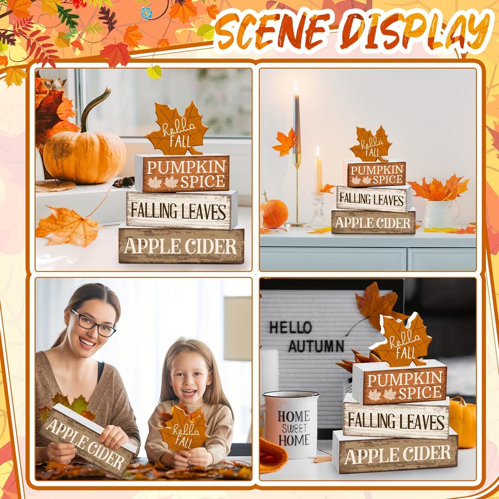 4pcs Wooden Fall Tabletop Decor Maple Leaf Tiered Trays, Rustic Farmhouse Autumn Centerpiece with Block Signs, Christmas Decor