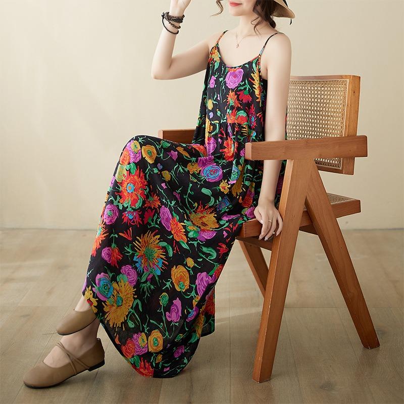 Summer New Literary and Retro Pullover Tube Top Suspender Loose Large Size A Word Sleeveless Dress Women