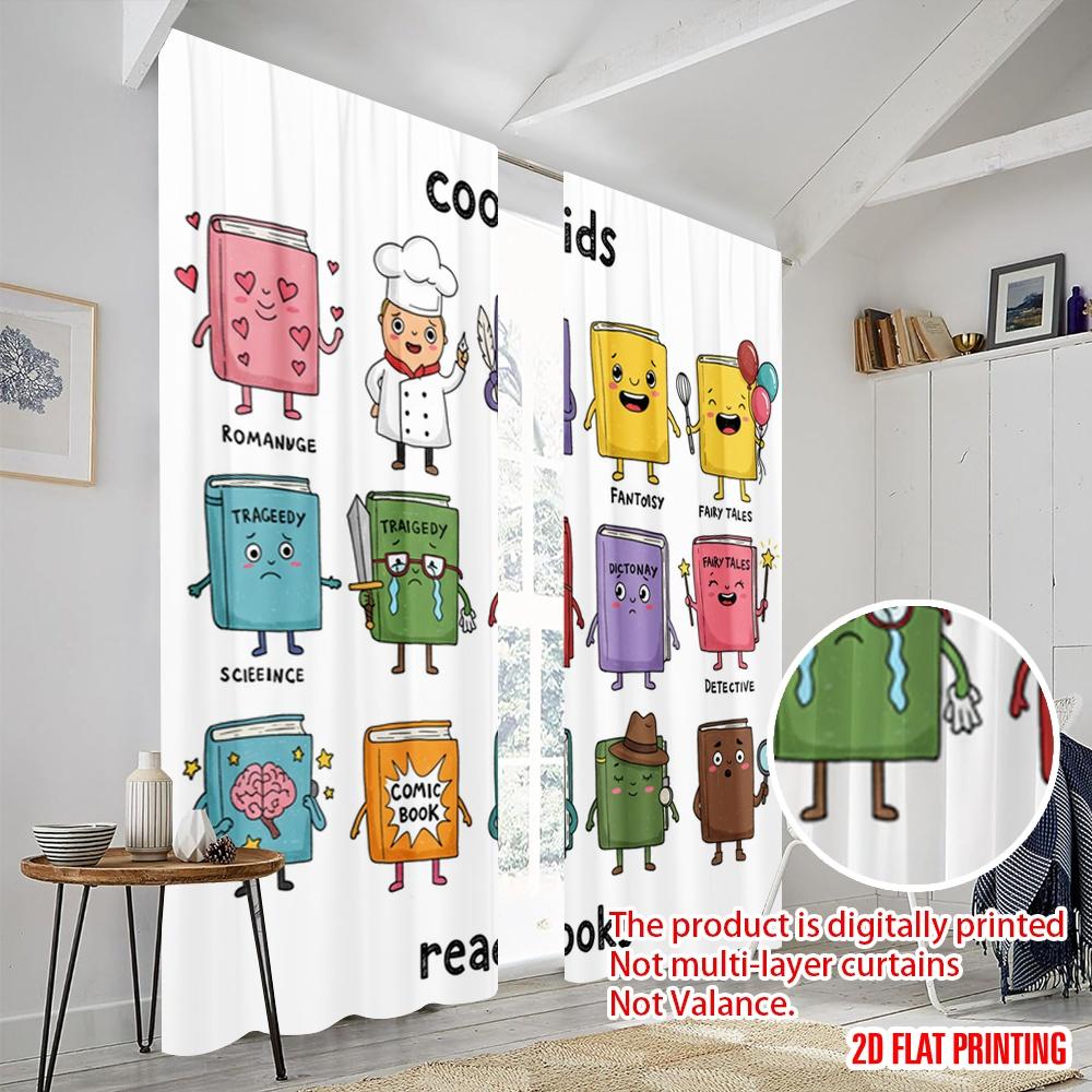 2 Stück 2D Flachdruck Party Fenster Vorhänge Cool Kids Lesen Bücher Polyester Ohne Strom Geburtstagsfeier Verwendung für goldene Wand