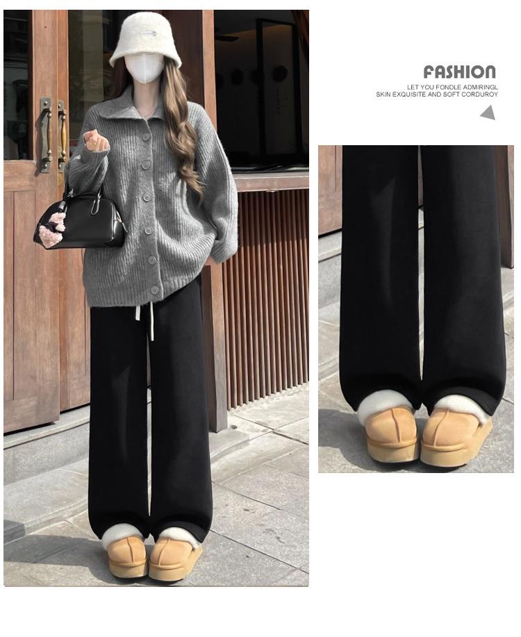 Women's High Waist Brown Velvet Corduroy Pants - Drape Wide Leg, Warm Lambswool Lining