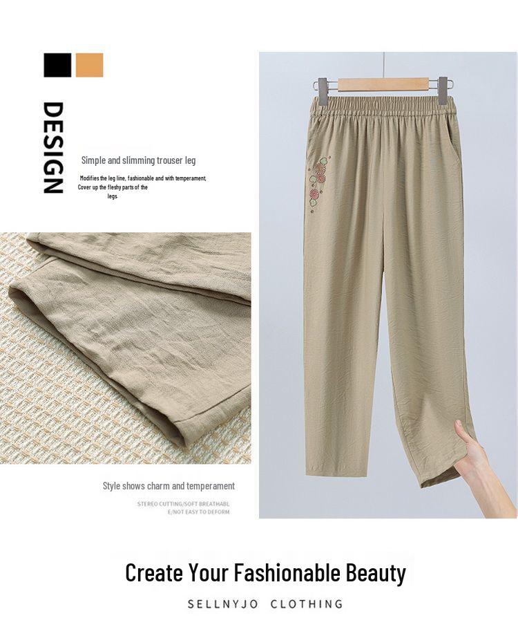 2026 Summer New Mother's Wear: Elastic Waist Casual Nine-Point Straight-Leg Cropped Pants for Elegant Middle-Aged and Elderly Women.