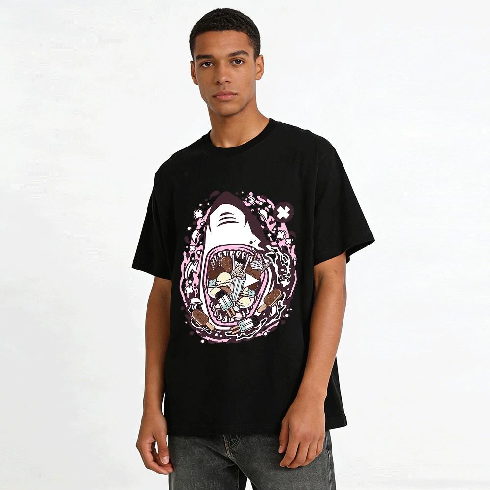 Funny Shark Ice Cream Print Tee Unisex Trendy Casual Top Pure cotton T-shirt