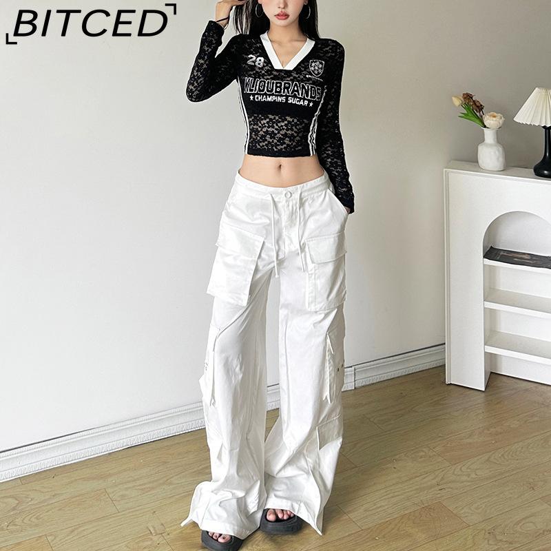 BITCED Autumn Women's Solid-Colour Slim-Fit Cropped V-Neck Long-Sleeved Printed Top