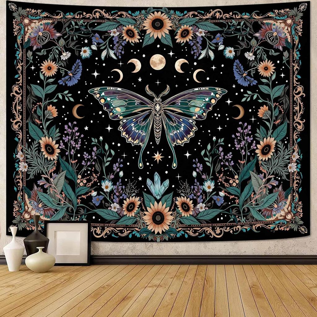 Mystic Celestial Butterfly Tapestry,Boho Moon Phase Sunflower Crystal Print Large Wall Hanging for Bedroom Living Room Aesthetic