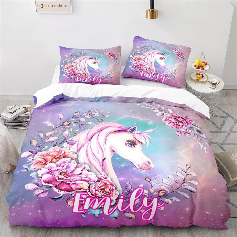 Cartoon Unicorn Floral Rainbow Girl's Eyelash Bedding Set Boys Girls Twin Queen Size Duvet Cover Pillowcase Bed Kids Adult