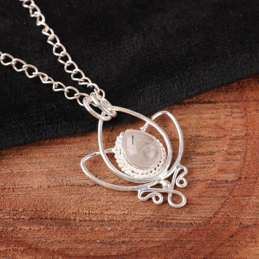 Schmuck mit schwarzem Rutil-Edelstein, Anhänger aus massivem 925er Sterlingsilber, wunderschöner Silberanhänger, handgefertigter böhmischer Schmuck als Hochzeitsgeschenk