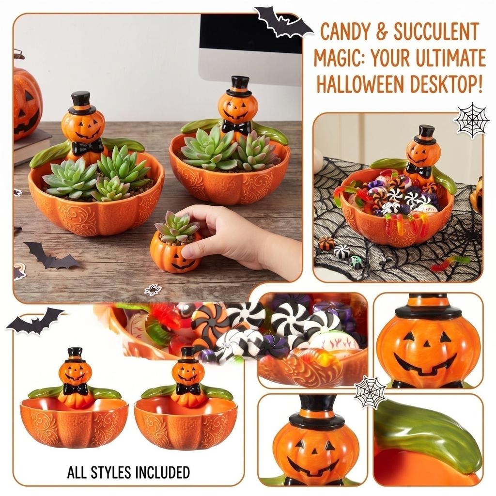 Halloween Pumpkin Candy Bowl with Planter for Desk Decoration