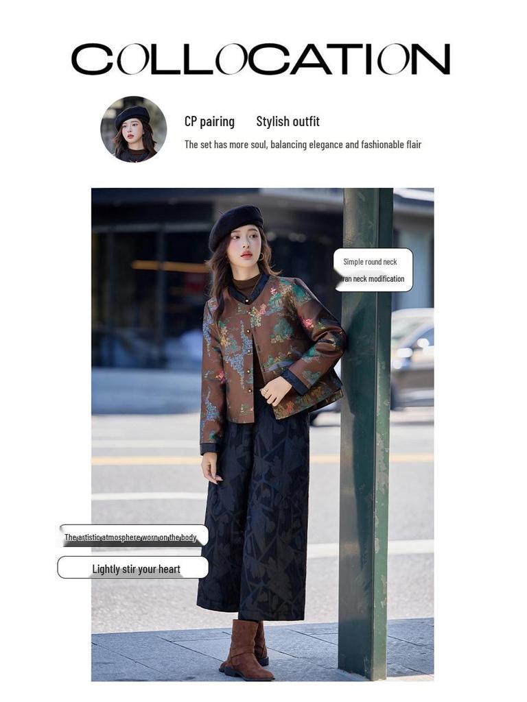 Women's New Chinese Style Jacquard Down Jacket & Wide-Leg Pants Set
