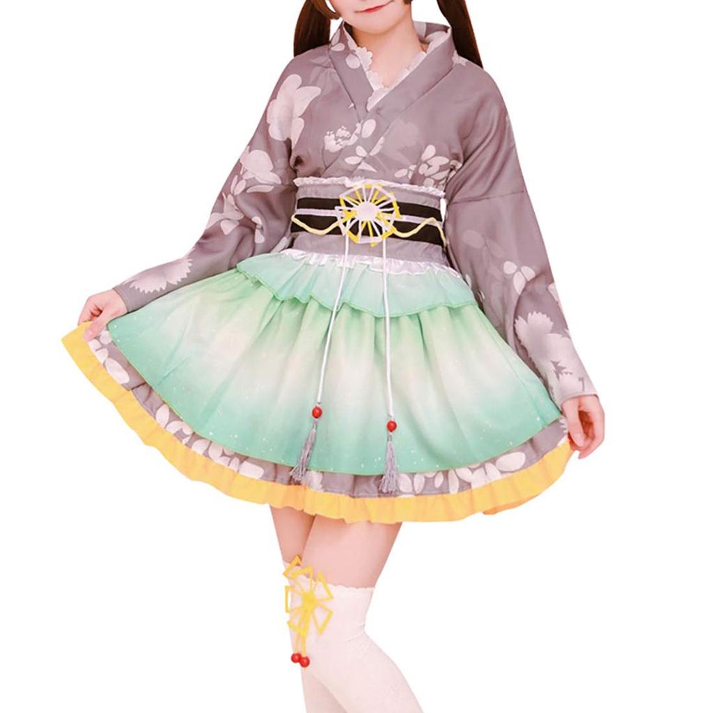 Japanisches Lolita Kimono Kleid mit Kirschblüten Haori und Miniskirt Cosplay Sommer Feuerwerk Bühnenkleidung Muster, Set, Yukata, Kostüm, Festival,