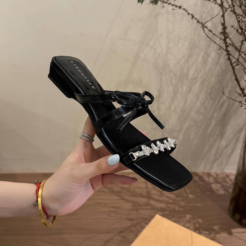 

2025 Fashionable Comfortable Crystal Bow Women Slippers Shoes Sandals Summer Mid Heels Designer Outdoor Flip Flops Slides Pumps 40 рожевий